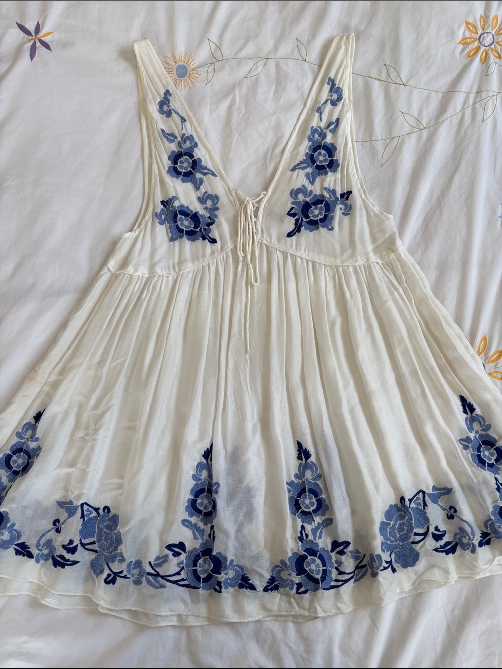 free people white dress with blue embroidery